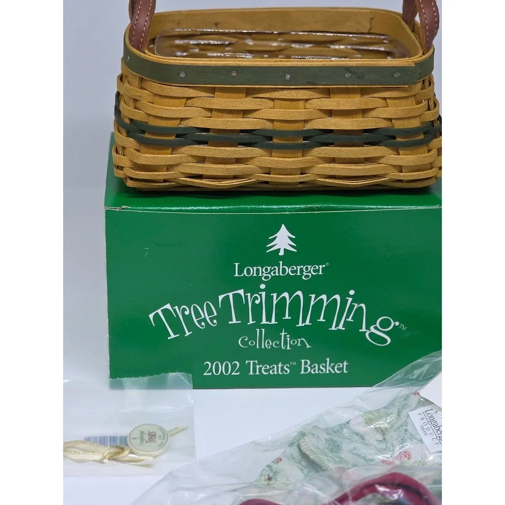 VTG‎ Longaberger Tree Trimming 2002 Treats Basket Green Woven Fabric Liner Box